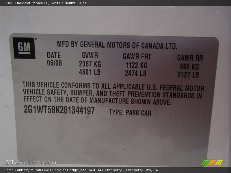 White / Neutral Beige 2008 Chevrolet Impala LT