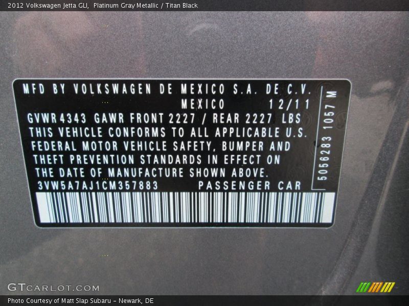 Platinum Gray Metallic / Titan Black 2012 Volkswagen Jetta GLI