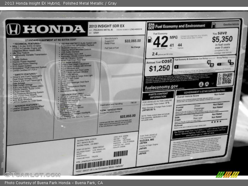  2013 Insight EX Hybrid Window Sticker