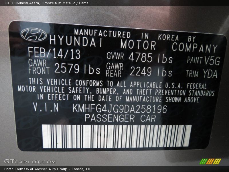 Bronze Mist Metallic / Camel 2013 Hyundai Azera