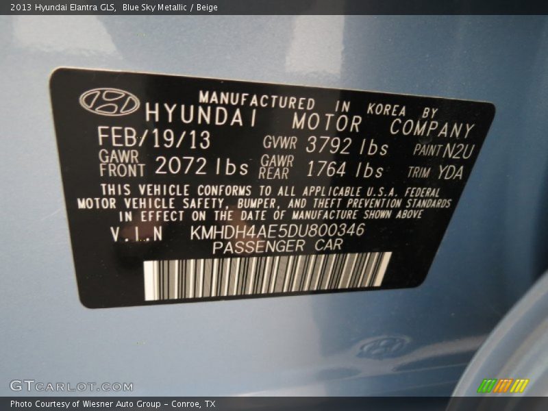 Blue Sky Metallic / Beige 2013 Hyundai Elantra GLS