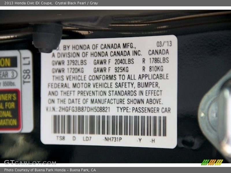 Crystal Black Pearl / Gray 2013 Honda Civic EX Coupe