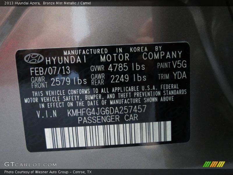 Bronze Mist Metallic / Camel 2013 Hyundai Azera
