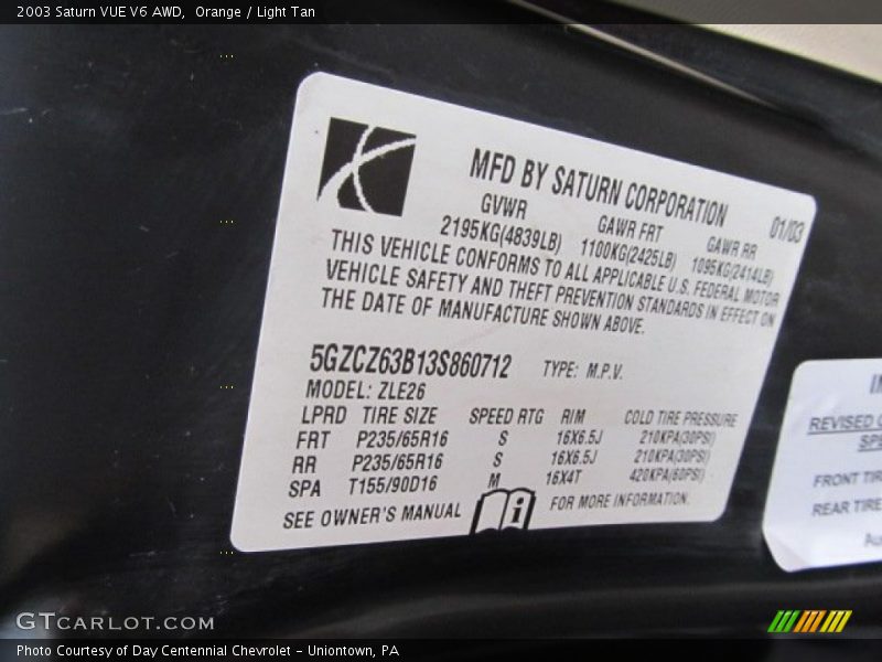 Orange / Light Tan 2003 Saturn VUE V6 AWD