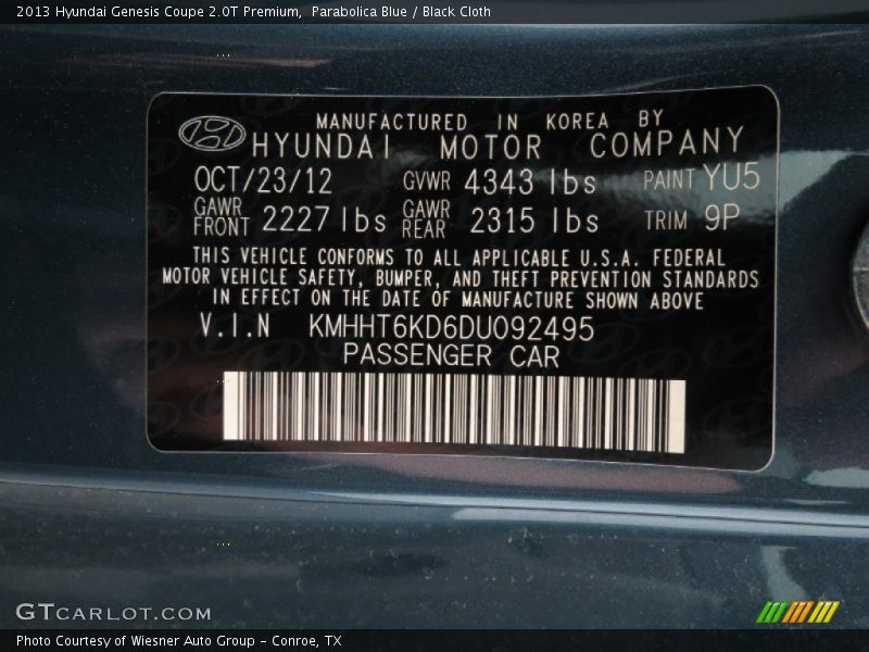 Parabolica Blue / Black Cloth 2013 Hyundai Genesis Coupe 2.0T Premium