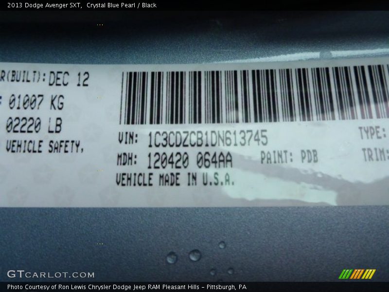 Crystal Blue Pearl / Black 2013 Dodge Avenger SXT