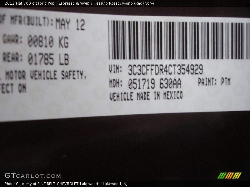 Espresso (Brown) / Tessuto Rosso/Avorio (Red/Ivory) 2012 Fiat 500 c cabrio Pop