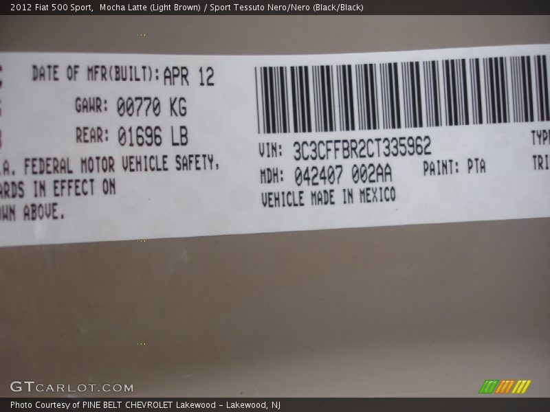 2012 500 Sport Mocha Latte (Light Brown) Color Code PTA