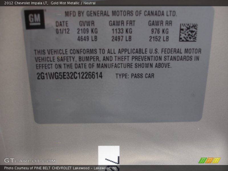 Gold Mist Metallic / Neutral 2012 Chevrolet Impala LT