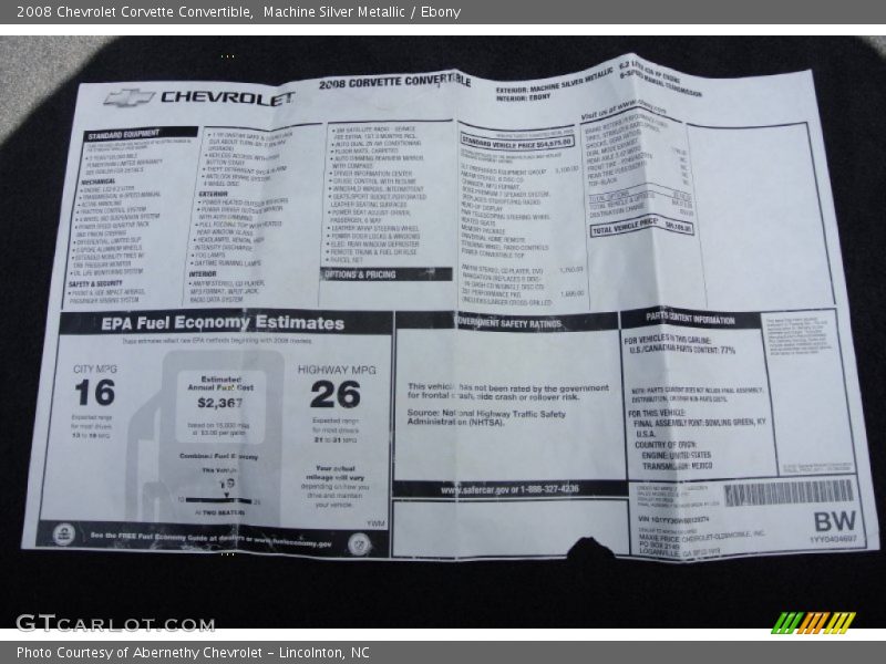  2008 Corvette Convertible Window Sticker