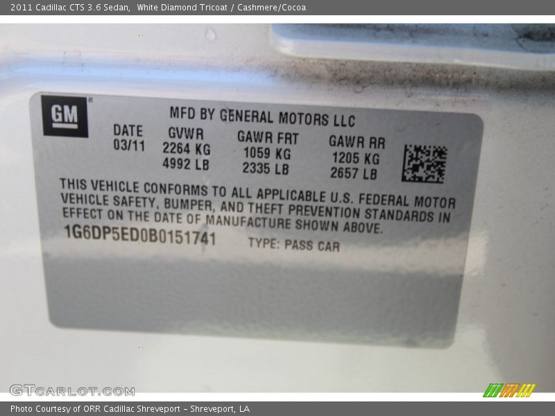 White Diamond Tricoat / Cashmere/Cocoa 2011 Cadillac CTS 3.6 Sedan