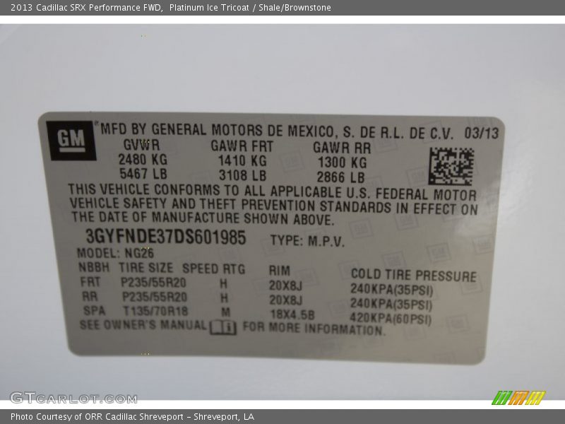 Platinum Ice Tricoat / Shale/Brownstone 2013 Cadillac SRX Performance FWD