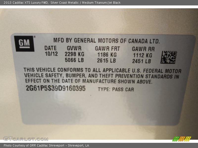 Silver Coast Metallic / Medium Titanium/Jet Black 2013 Cadillac XTS Luxury FWD