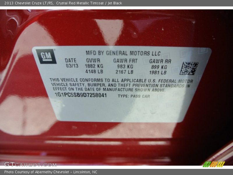 Crystal Red Metallic Tintcoat / Jet Black 2013 Chevrolet Cruze LT/RS