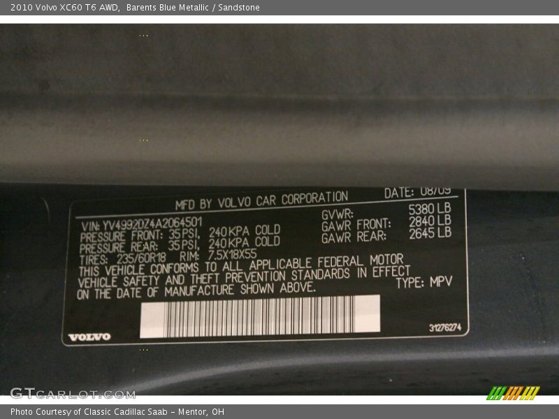 Barents Blue Metallic / Sandstone 2010 Volvo XC60 T6 AWD