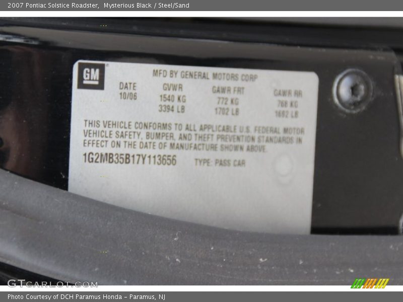 Mysterious Black / Steel/Sand 2007 Pontiac Solstice Roadster