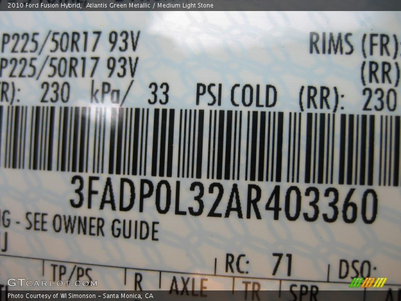 Atlantis Green Metallic / Medium Light Stone 2010 Ford Fusion Hybrid