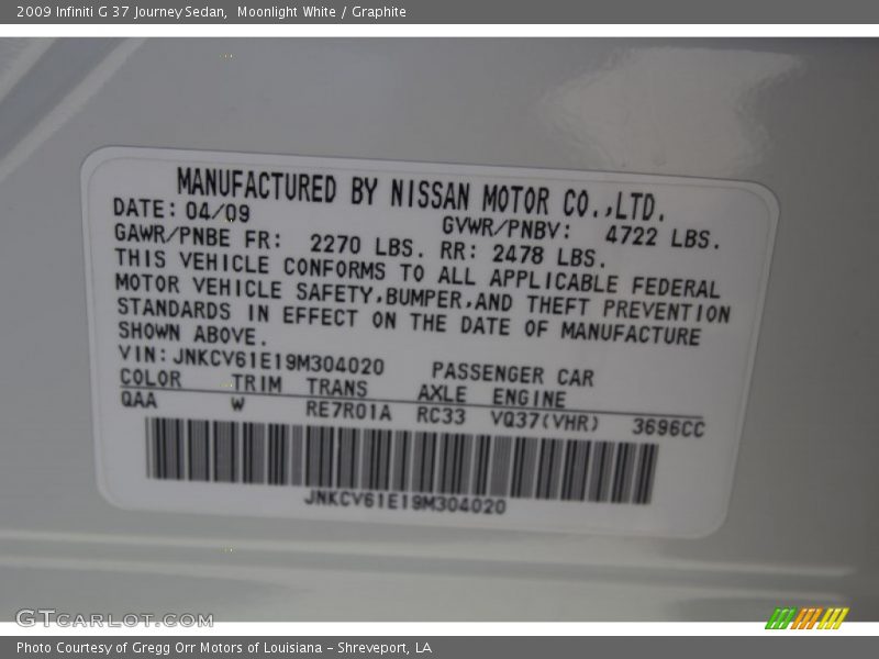 Moonlight White / Graphite 2009 Infiniti G 37 Journey Sedan