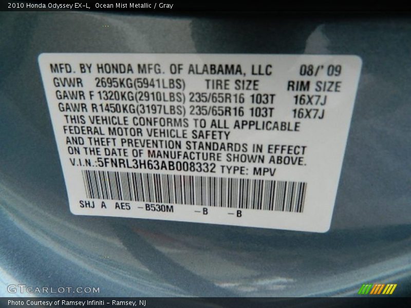 Ocean Mist Metallic / Gray 2010 Honda Odyssey EX-L