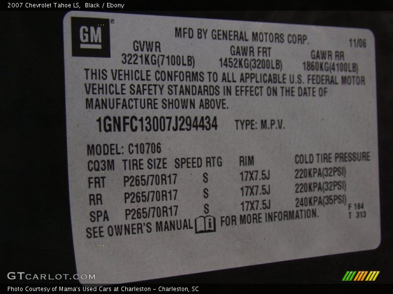 Black / Ebony 2007 Chevrolet Tahoe LS