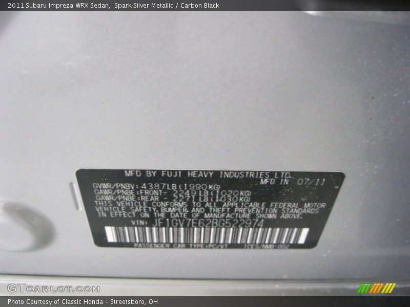Spark Silver Metallic / Carbon Black 2011 Subaru Impreza WRX Sedan