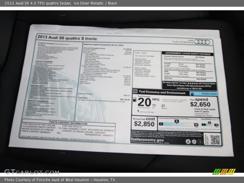  2013 S6 4.0 TFSI quattro Sedan Window Sticker