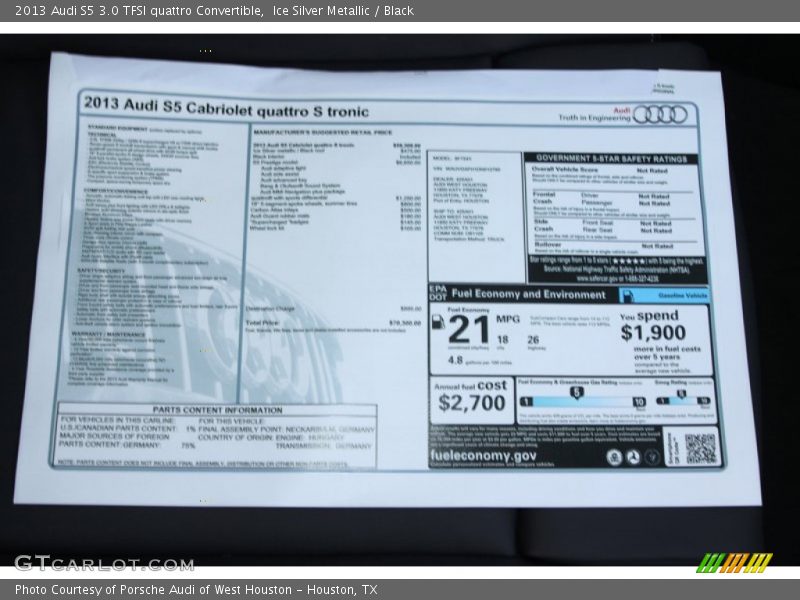  2013 S5 3.0 TFSI quattro Convertible Window Sticker