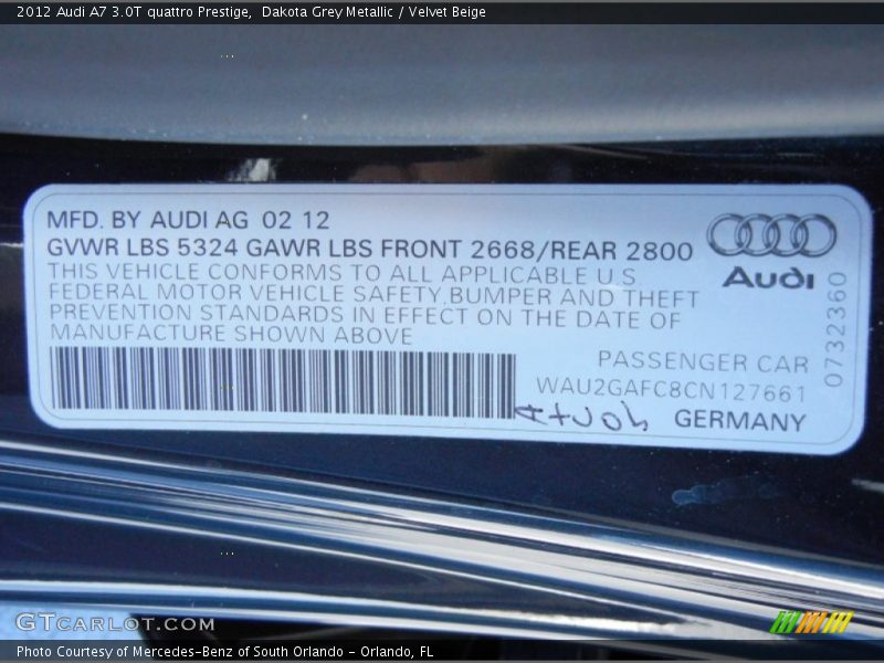 Dakota Grey Metallic / Velvet Beige 2012 Audi A7 3.0T quattro Prestige