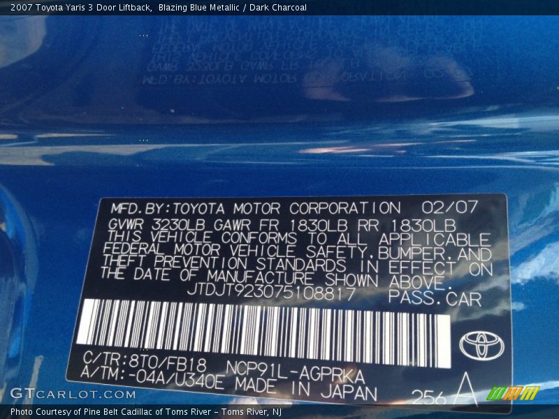 Blazing Blue Metallic / Dark Charcoal 2007 Toyota Yaris 3 Door Liftback