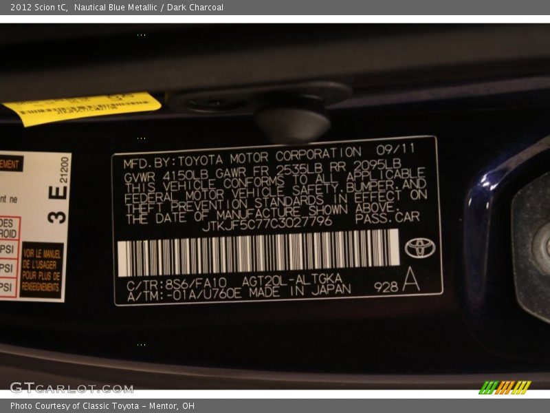 2012 tC  Nautical Blue Metallic Color Code 8S6