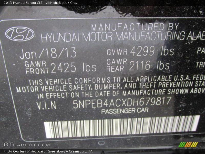 Midnight Black / Gray 2013 Hyundai Sonata GLS