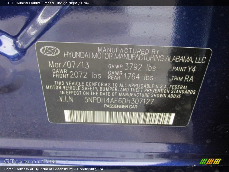 Indigo Night / Gray 2013 Hyundai Elantra Limited