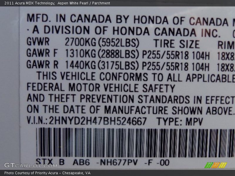 2011 MDX Technology Aspen White Pearl Color Code NH677PV