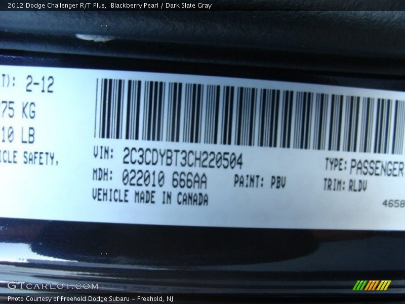 Blackberry Pearl / Dark Slate Gray 2012 Dodge Challenger R/T Plus