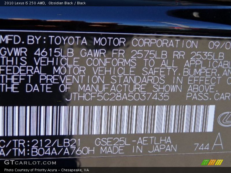 Obsidian Black / Black 2010 Lexus IS 250 AWD