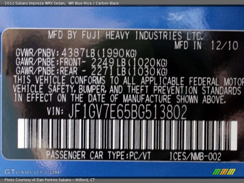 WR Blue Mica / Carbon Black 2011 Subaru Impreza WRX Sedan