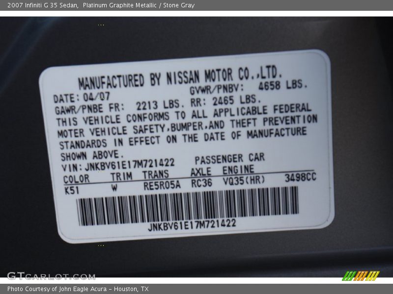Platinum Graphite Metallic / Stone Gray 2007 Infiniti G 35 Sedan