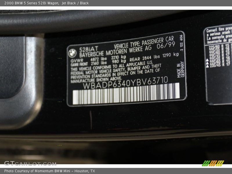 Info Tag of 2000 5 Series 528i Wagon