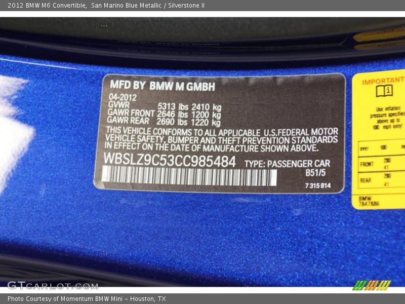 2012 M6 Convertible San Marino Blue Metallic Color Code B51