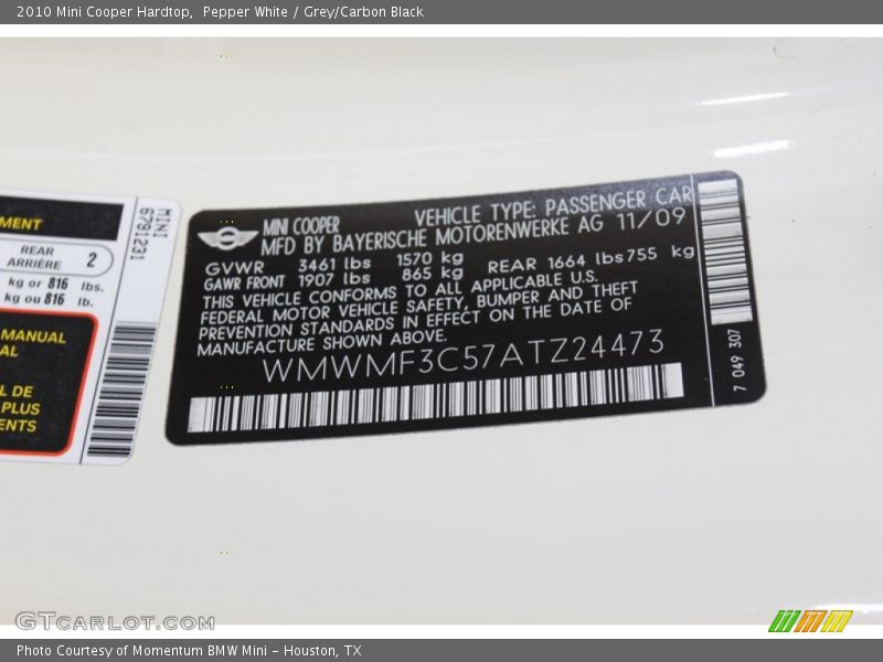 Pepper White / Grey/Carbon Black 2010 Mini Cooper Hardtop