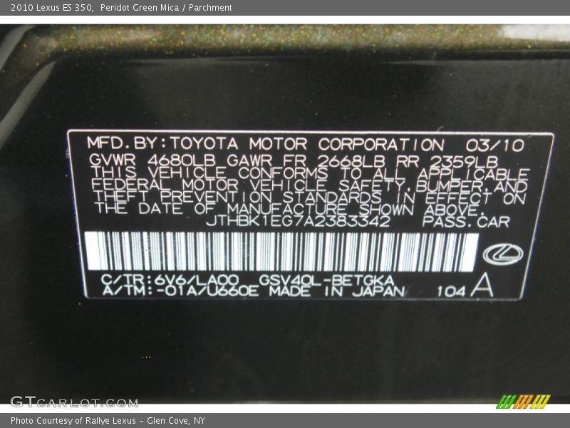 2010 ES 350 Peridot Green Mica Color Code 6V6