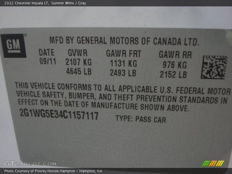 Summit White / Gray 2012 Chevrolet Impala LT