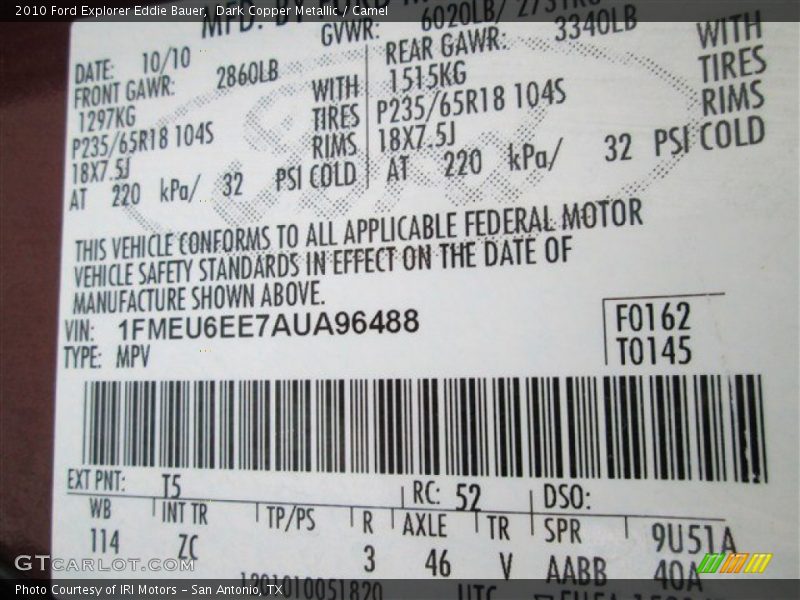 2010 Explorer Eddie Bauer Dark Copper Metallic Color Code T5
