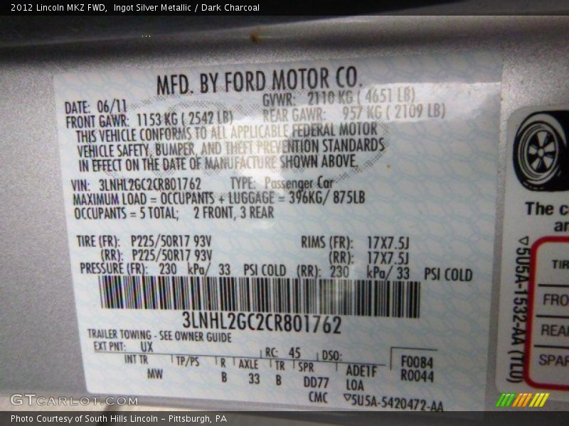Ingot Silver Metallic / Dark Charcoal 2012 Lincoln MKZ FWD
