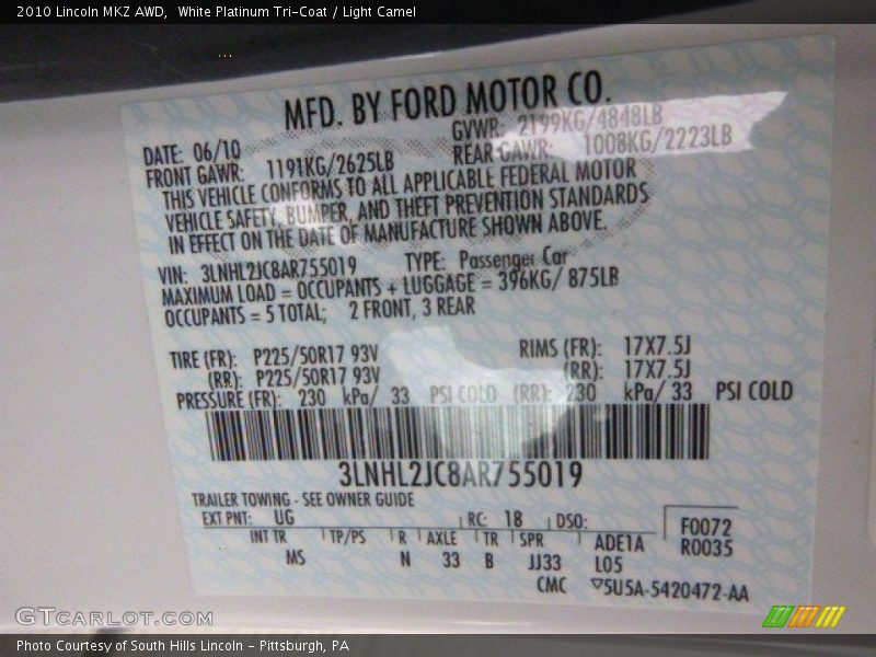 White Platinum Tri-Coat / Light Camel 2010 Lincoln MKZ AWD