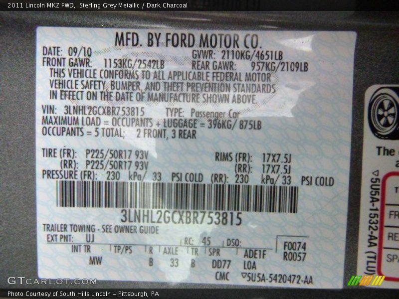 Sterling Grey Metallic / Dark Charcoal 2011 Lincoln MKZ FWD