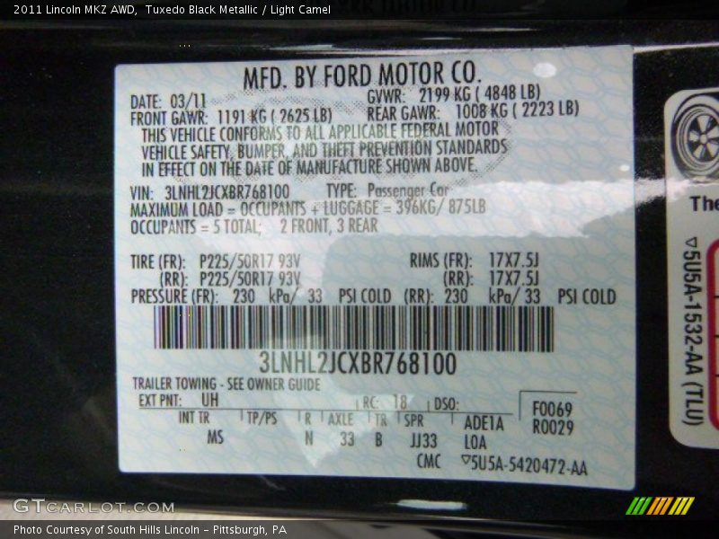 Tuxedo Black Metallic / Light Camel 2011 Lincoln MKZ AWD
