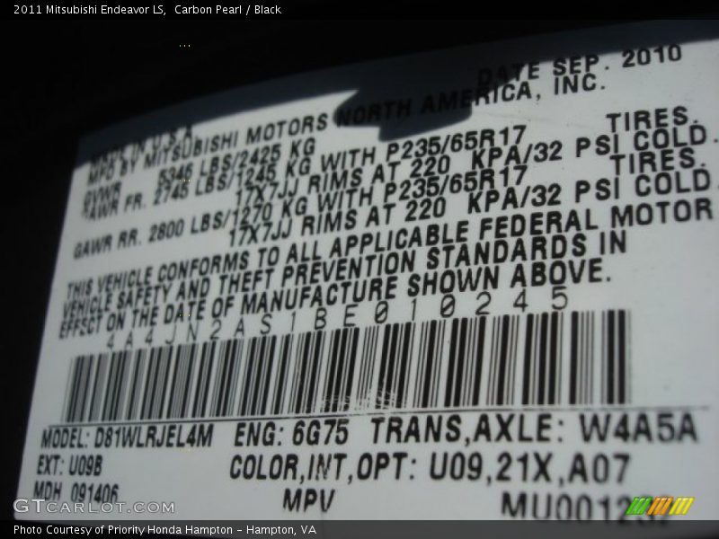 Carbon Pearl / Black 2011 Mitsubishi Endeavor LS