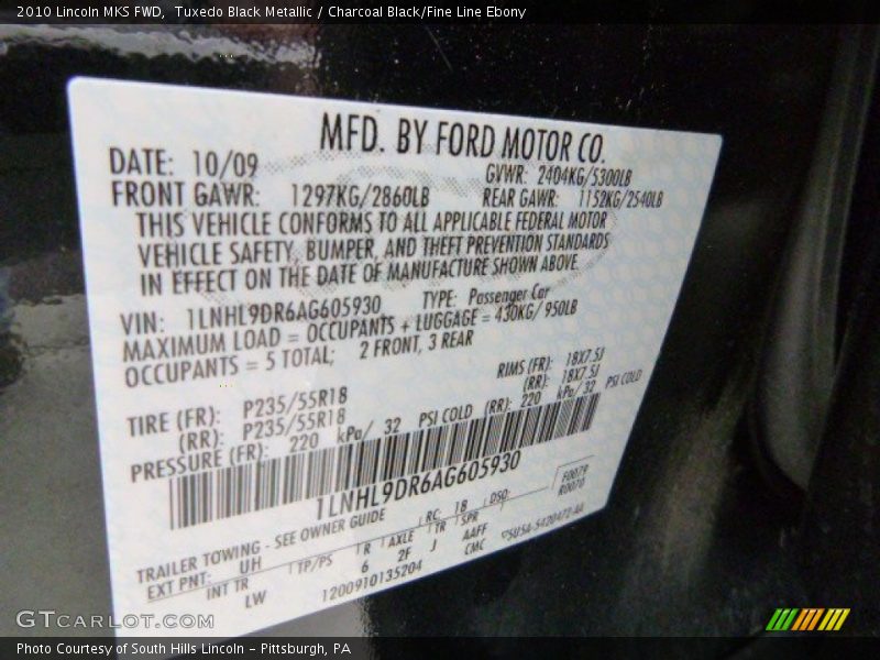 2010 MKS FWD Tuxedo Black Metallic Color Code UH