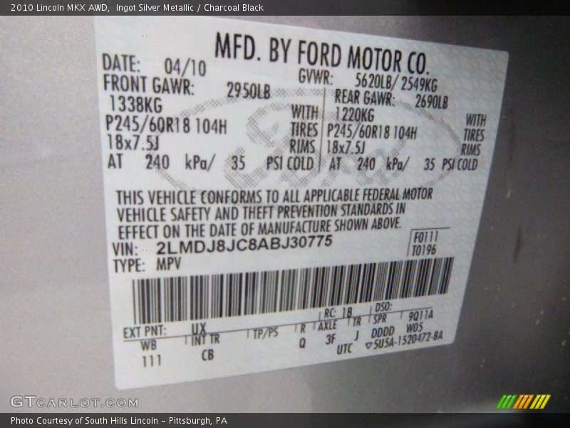 Ingot Silver Metallic / Charcoal Black 2010 Lincoln MKX AWD